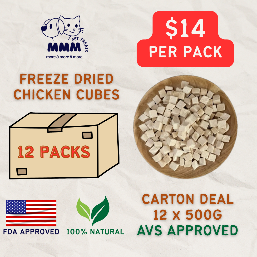 CARTON DEAL [12 PACKS X 500G] Premium Freeze Dried Chicken Cubes For Cats and Dogs Pet Treats Pet Food