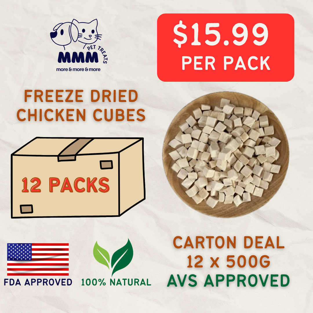 CARTON DEAL [12 PACKS X 500G] Premium Freeze Dried Chicken Cubes For Cats and Dogs Pet Treats Pet Food